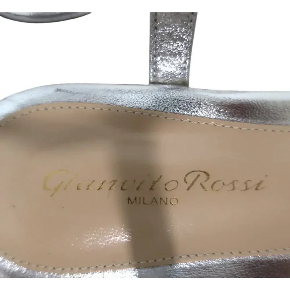 Gianvito Rossi Jaime Silver Metallic Leather Ankle Strap Flat Sandals 36.5